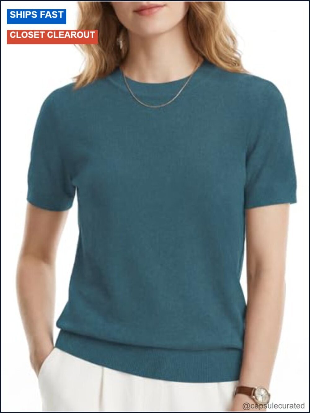 Short Sleeve Wool Blend Knit Crewneck Pullover Sweater Top for Work & Travel